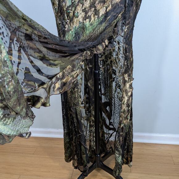 Vtg Prom Dress Maxi Gown 8 Brown Green Silk Y2K Fairy Grunge Bead Nymph Halter - Picture 4 of 16